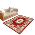Elegant red and beige floral area rug in cozy living room with beige sofa and wall art