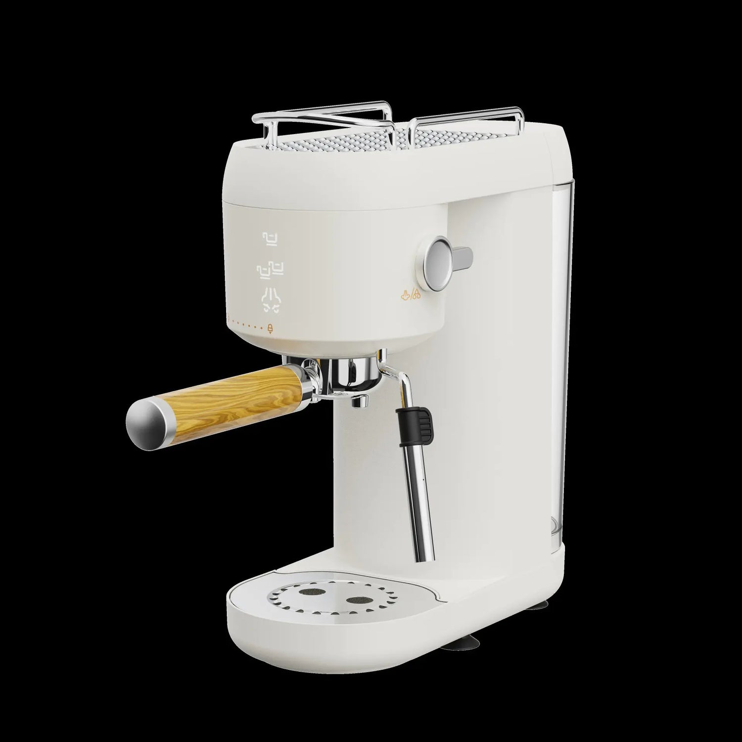 Modern white espresso machine with wood handle and steam wand on black background