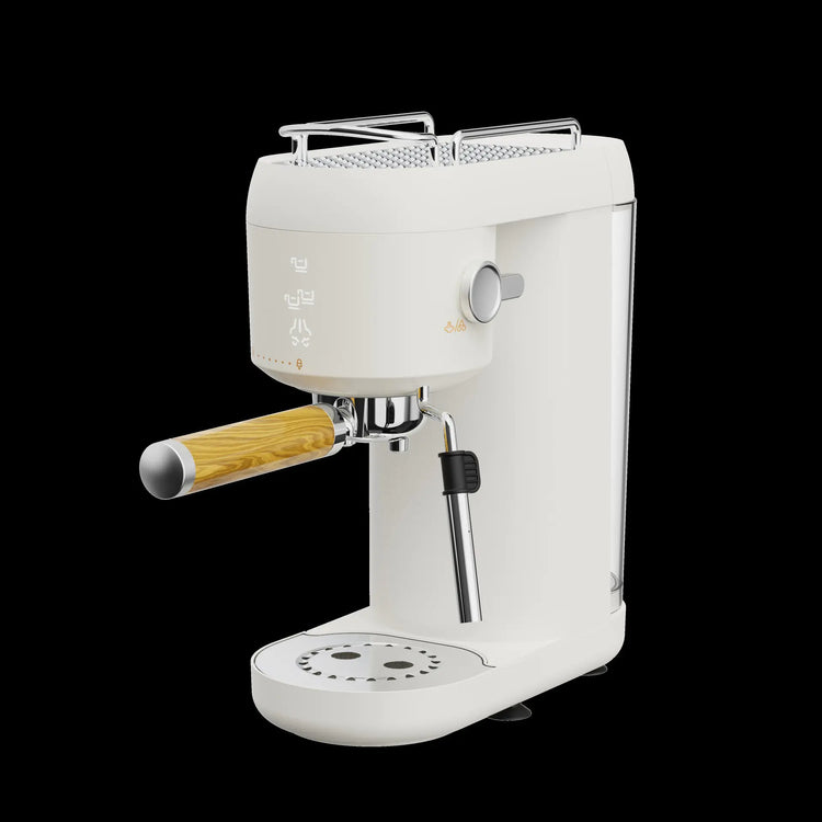 Modern white espresso machine with wood handle and steam wand on black background