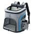 Gray pet carrier backpack with mesh windows, blue accents, and side pocket