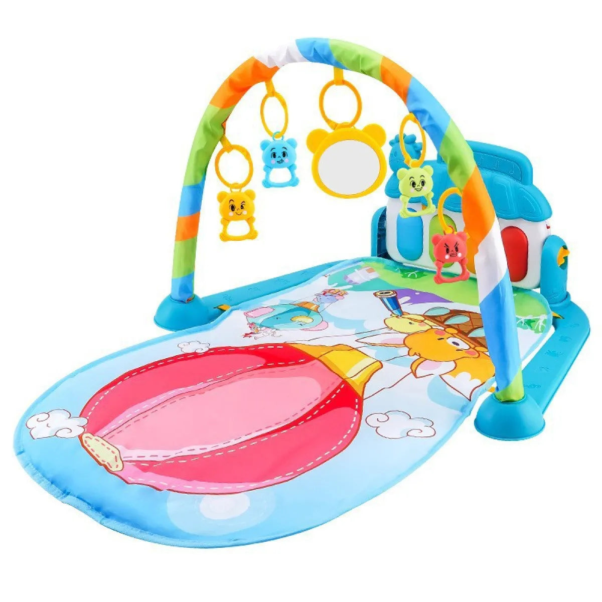 Colorful baby play mat with toy arch, hanging animal rattles, and cartoon hot air balloon design