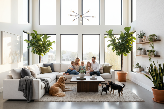 family and dogs in a modern living area