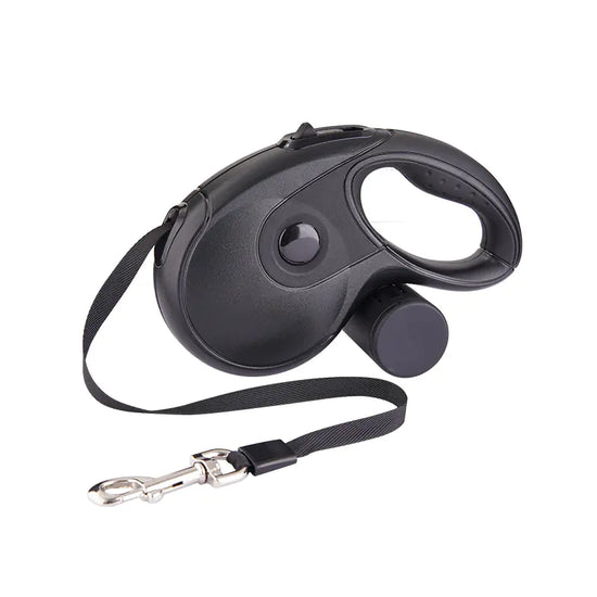 Black retractable dog leash with ergonomic handle and metal clip
