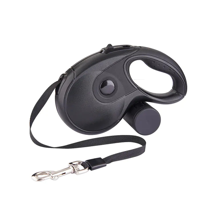 Black retractable dog leash with ergonomic handle and metal clip