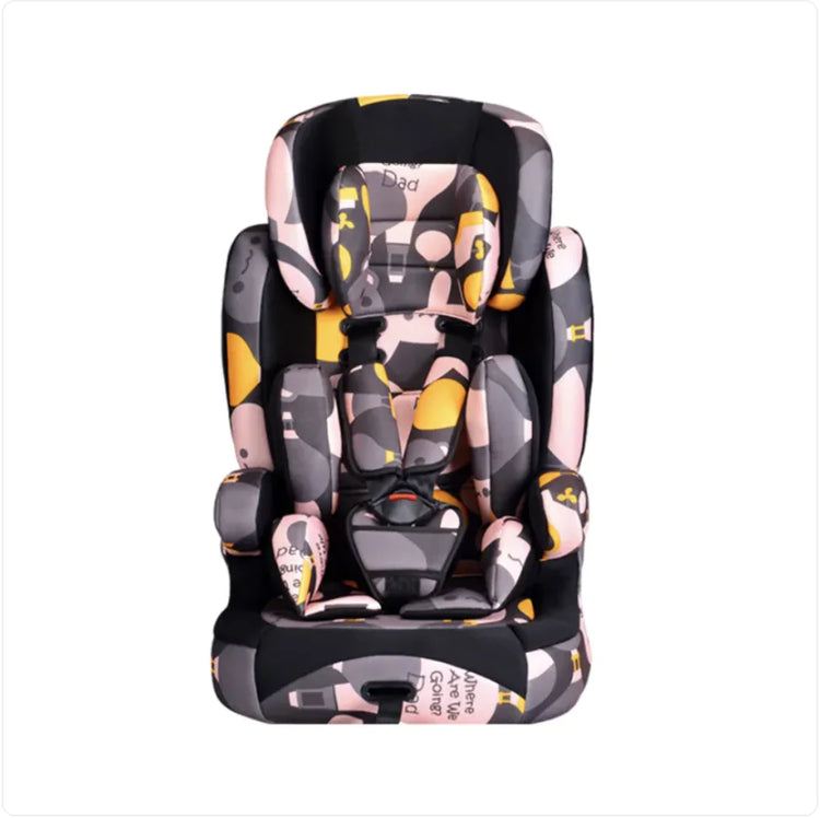 Abstract pattern baby car seat with pink, yellow, and gray colors, five-point harness.