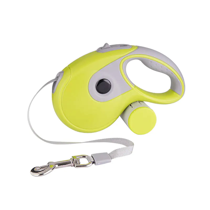 Yellow retractable dog leash with ergonomic handle and attached waste bag holder