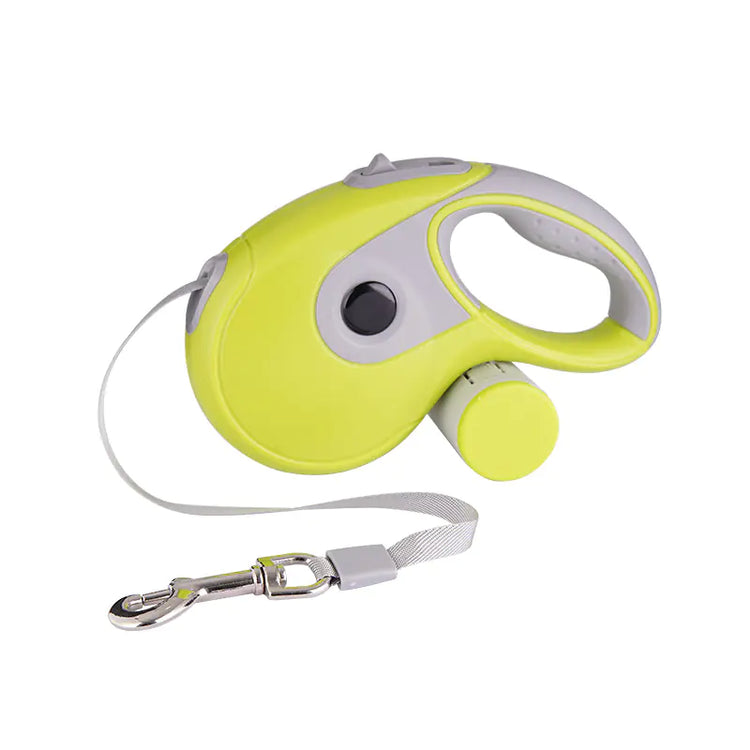 Yellow retractable dog leash with ergonomic handle and attached waste bag holder