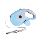 Blue retractable dog leash with waste bag holder and metal clasp on white background