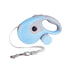 Blue retractable dog leash with waste bag holder and metal clasp on white background