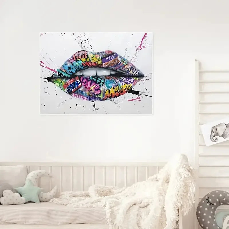 Colorful graffiti lips wall art above a white crib in a modern nursery room