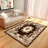 Elegant living room with beige sofa, floral painting, and ornate brown floral area rug on wood floor
