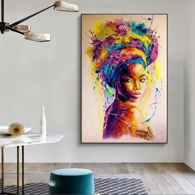 Modern living room with colorful abstract portrait of woman on canvas wall art