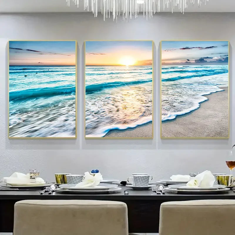 Dining room with modern beach sunset wall art above a set dining table