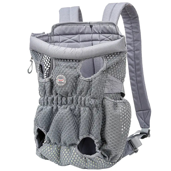 Gray mesh pet carrier backpack with adjustable straps and padded lining