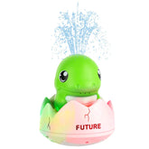 Green turtle bath toy squirting water, sitting in pink cracked egg labeled &
