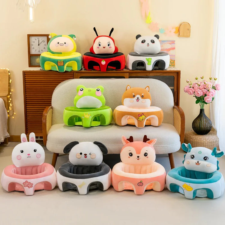 Nine colorful animal-shaped plush baby chairs arranged in a cozy living room setting