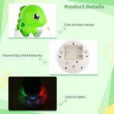 Green dinosaur night light toy with colorful LED lights, powered by 3 AAA batteries