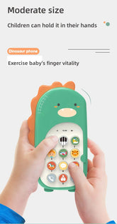 Child holding a green dinosaur-shaped toy phone for toddlers, educational baby toy