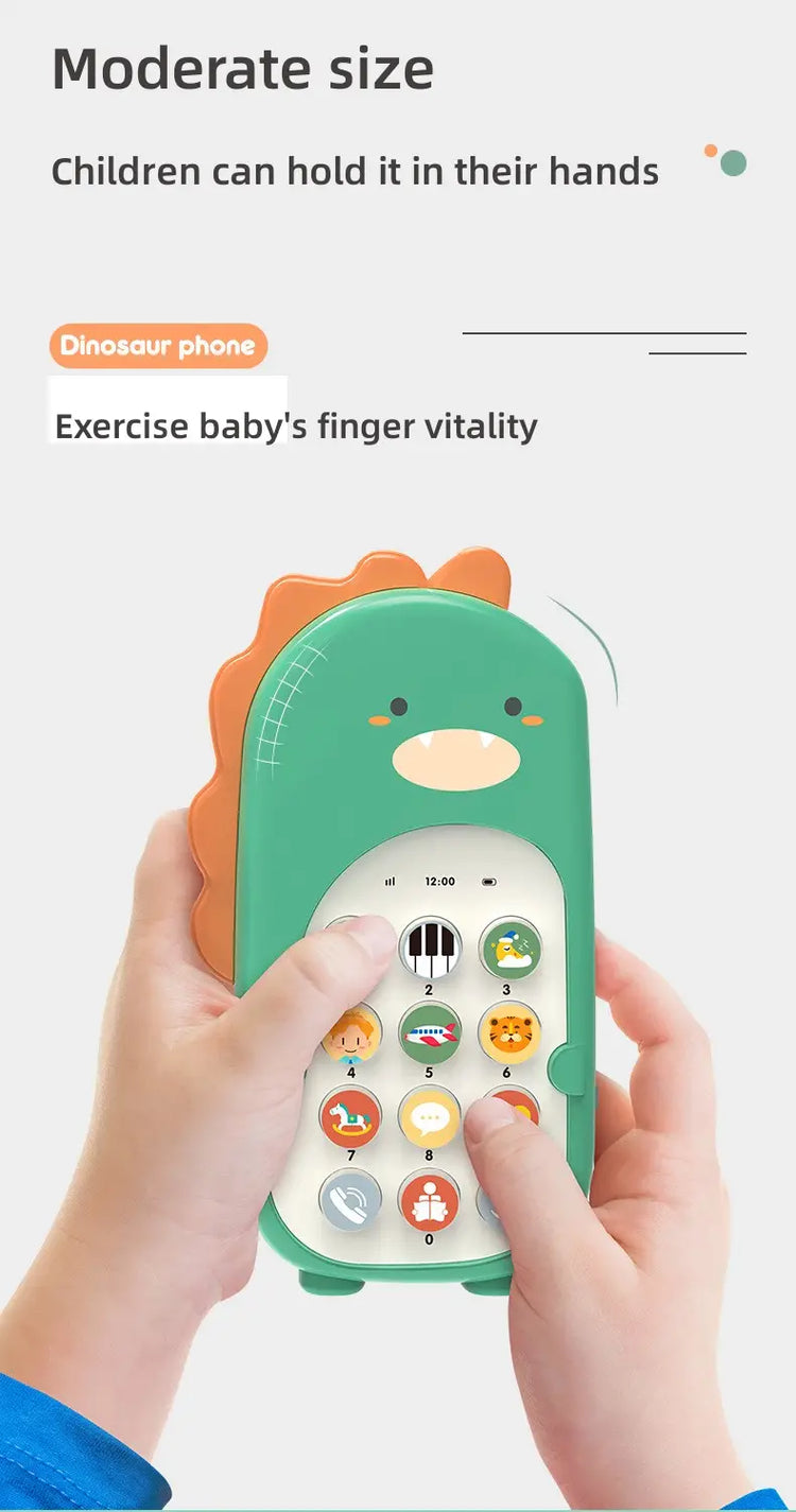 Child holding a green dinosaur-shaped toy phone for toddlers, educational baby toy