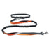 Black and orange bungee dog leash with padded handle and metal clip on white background