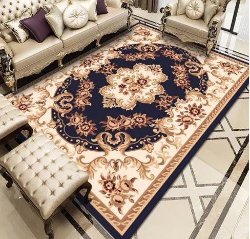 Elegant living room with ornate navy and beige floral area rug, tufted ottoman, classic sofas