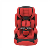 Red and black toddler car seat with safety harness, front view on white background