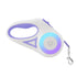 White and purple retractable dog leash with LED light and metal clip