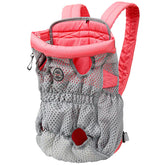 Gray and pink mesh pet carrier backpack with padded shoulder straps