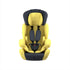 Yellow and black child car seat with harness on white background