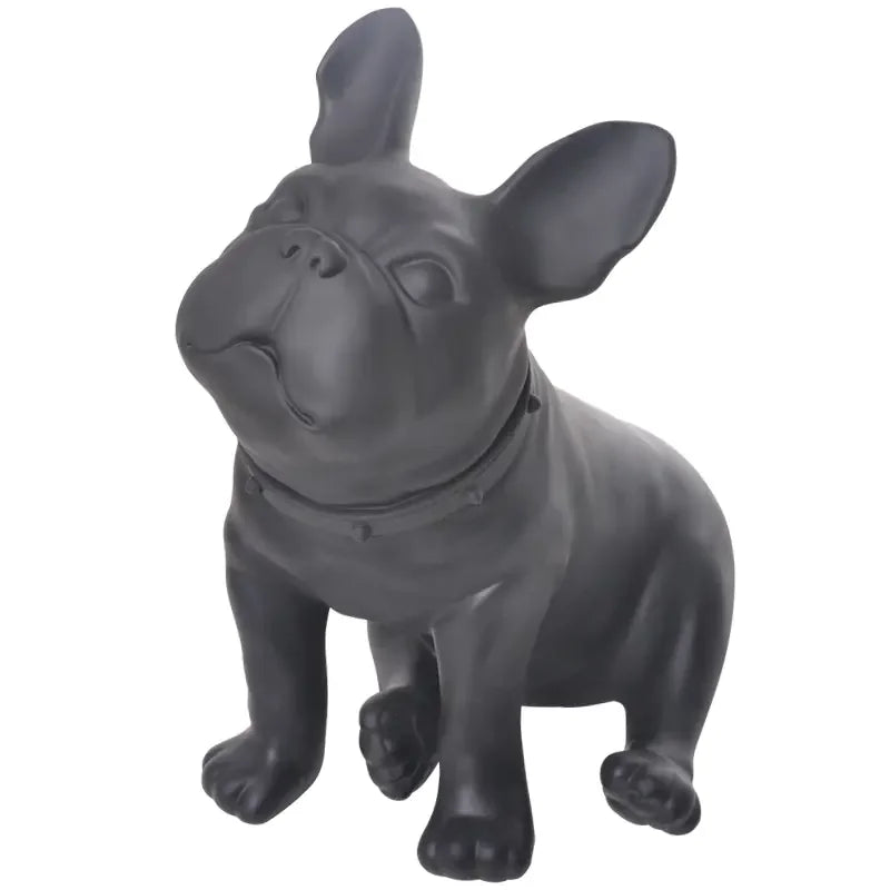 Black French bulldog statue with collar, sitting on a white background