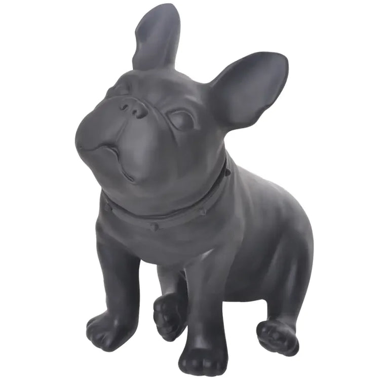 Black French bulldog statue with collar, sitting on a white background