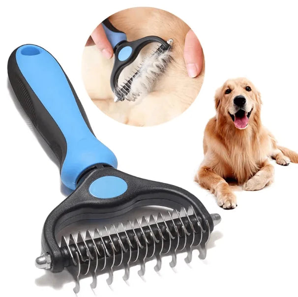 Blue pet grooming brush for dogs with a happy golden retriever and brushing demonstration