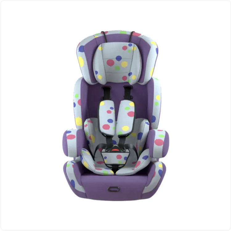 Purple and gray child car seat with colorful polka dot pattern and safety harness