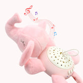 Pink plush elephant night light toy with music notes and star projector design