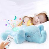 Sleeping baby with blue elephant night light plush toy projecting stars and moons, remote control