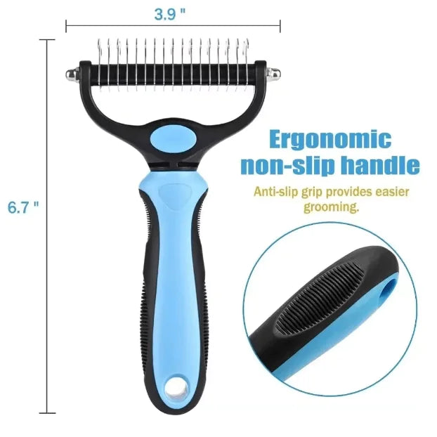 Blue and black ergonomic pet grooming brush with non-slip handle, 6.7 x 3.9 inches.