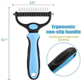 Blue and black ergonomic pet grooming brush with non-slip handle, 6.7 x 3.9 inches.