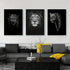Modern living room with black and white lion, leopard, and lioness wall art above gray sofa