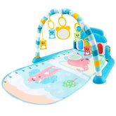 Colorful baby play gym mat with hanging toys, animal prints, and piano keys