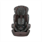 Brown child car seat with colorful confetti pattern and five-point harness on white background