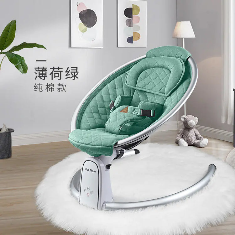 Green baby rocker chair in modern nursery with plush rug and toys