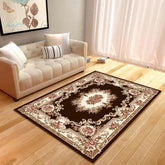 Floral area rug in living room with beige sofa and wood floor, elegant home decor